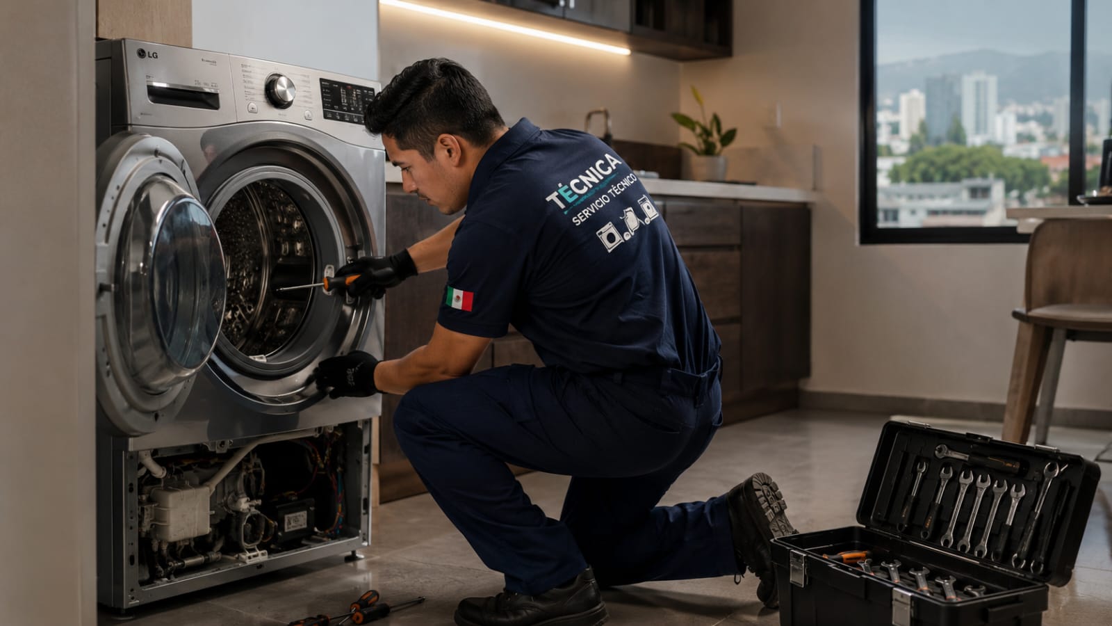 Técnico certificado reparando electrodoméstico a domicilio